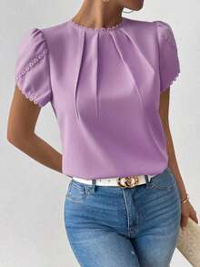 Camisa de mujer elegante y casual con mangas abombadas y volantes de unicolor - Morado - Ver 8