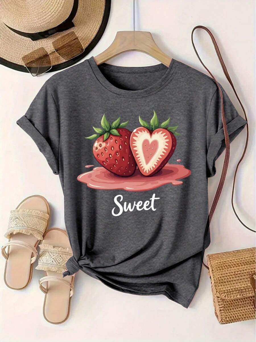 Plus Size - Plus Size - Women's Short Sleeve Crew Neck T-Shirt With Strawberry Print, Casual Style For European And American Fashion, Sweater - 深灰色 - 查看 1