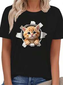 1 pieza de Playera corta 100% algodón, cuello redondo casual con estampado, 3D gato naranja, manga corta transpirable para uso diario - Negro - Ver 1
