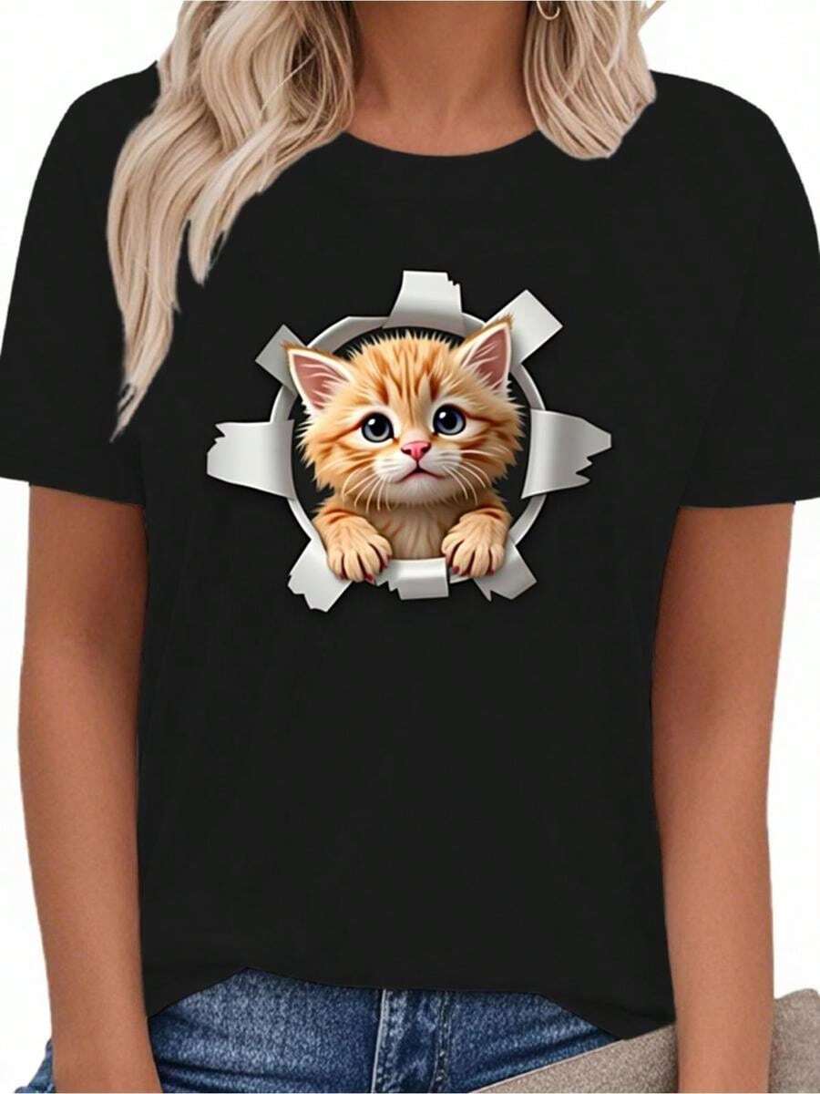 1 pieza de Playera corta 100% algodón, cuello redondo casual con estampado, 3D gato naranja, manga corta transpirable para uso diario - Negro - Ver 1