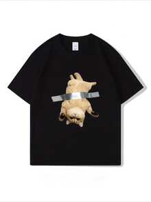 Camiseta de cuello redondo con diseño divertido y creativo de gato rechoncho, camiseta de manga corta de verano pura y moderna, top de estilo casual para el día a día - Negro - Ver 1