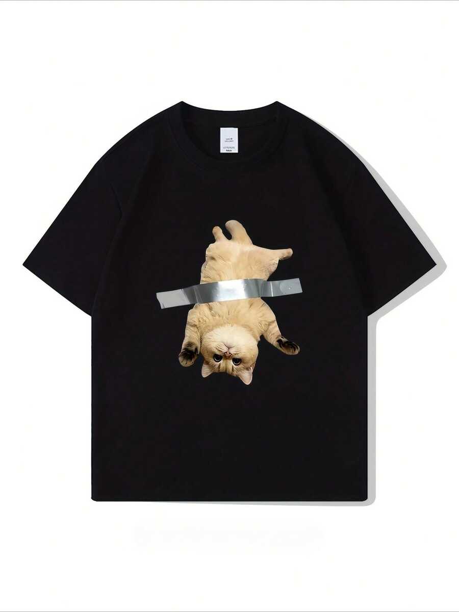 Camiseta de cuello redondo con diseño divertido y creativo de gato rechoncho, camiseta de manga corta de verano pura y moderna, top de estilo casual para el día a día - Negro - Ver 1