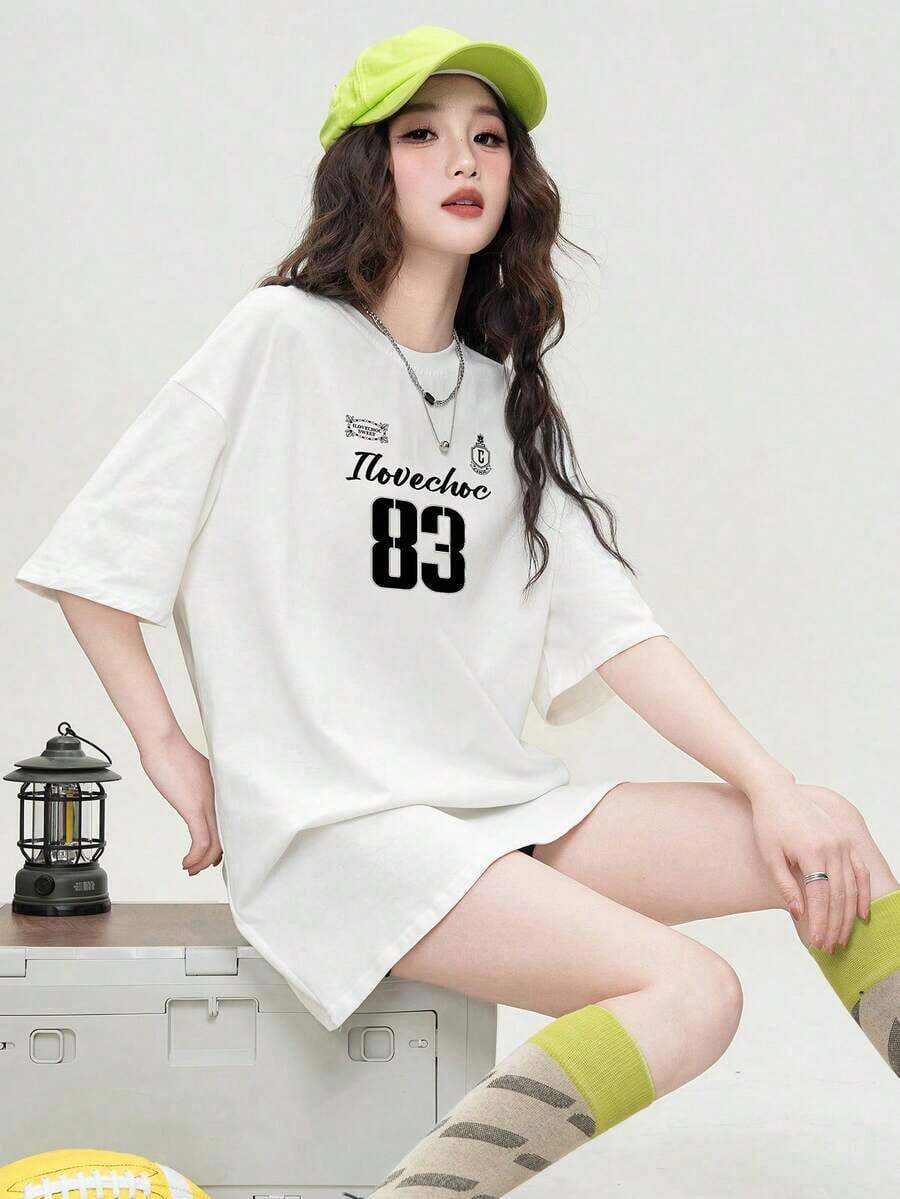 Camiseta de mujer de marca de moda de algodón puro beige de cuello redondo holgado, estampado numérico negro, casual, minimalista de manga corta, ajuste relajado de algodón - Blanco - Ver 1