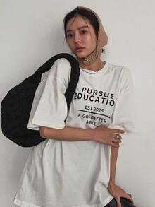 Camiseta blanca de mujer de manga corta y cuello redondo con estampado de letra, holgada, para primavera/verano, camisetas gráficas - Blanco - Ver 5