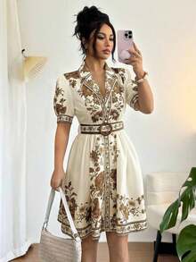 Conjunto de vestido corto de manga corta con cintura ceñida y estampado floral azul y blanco, elegante y romántico para vacaciones, primavera/verano - Multicolor 5 - Ver 12