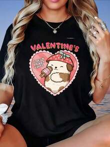 Plus Size Women's Short Sleeve T-Shirt With Heart, Ice Cream And Cute Dog Print For Valentine's Day, For Girls And Women, 220g, 100% Cotton. - 黑色 - 查看 6