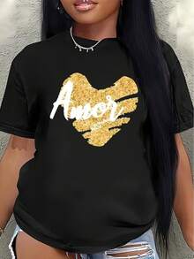 Camiseta de manga corta ligera y duradera, con un diseño de corazón dorado con brillo, adecuada para salidas informales, cenas o uso diario, ofreciendo un ajuste cómodo para mujer. - Negro - Ver 1