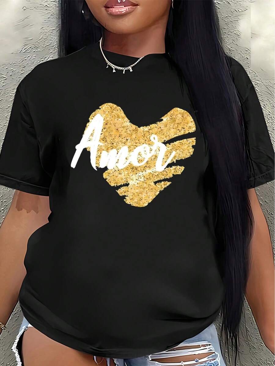 Camiseta de manga corta ligera y duradera, con un diseño de corazón dorado con brillo, adecuada para salidas informales, cenas o uso diario, ofreciendo un ajuste cómodo para mujer. - Negro - Ver 1