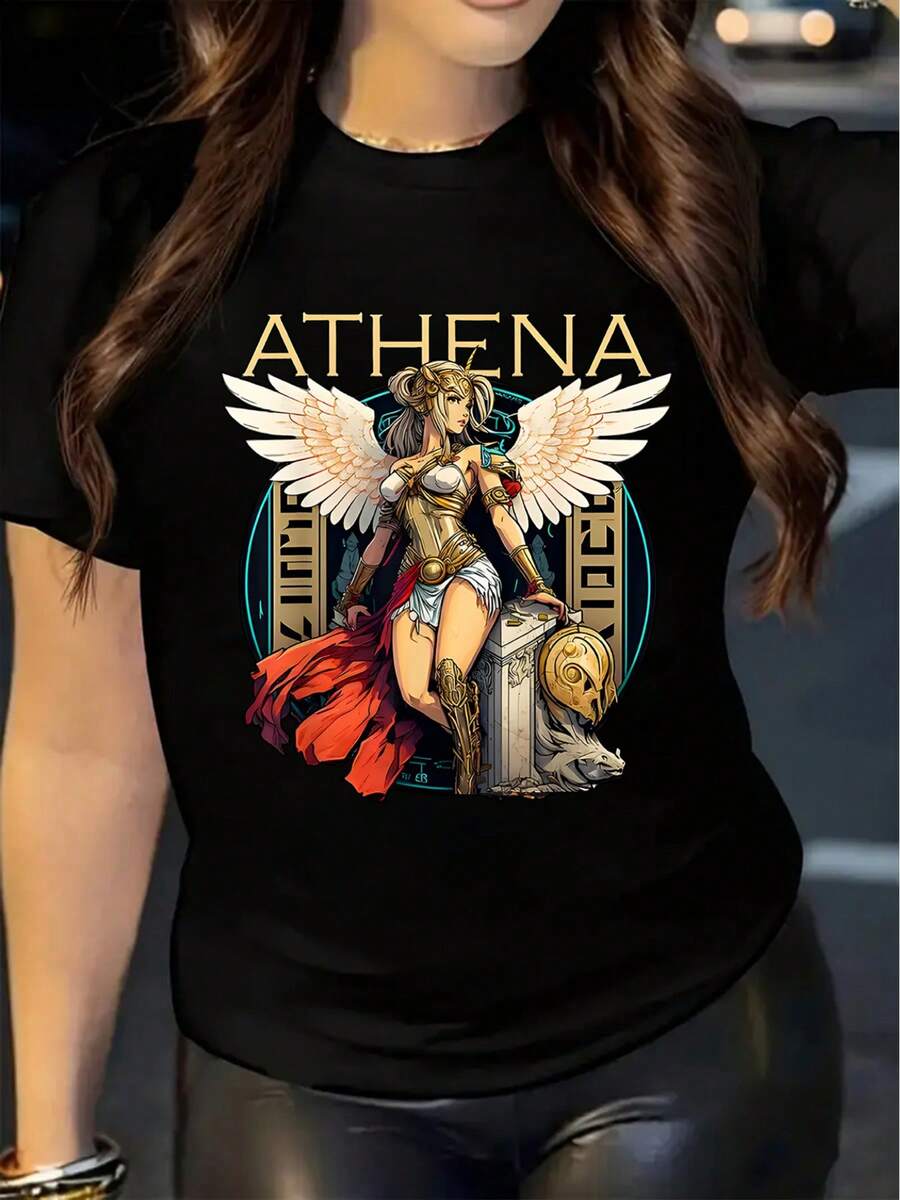 Short-Sleeved T-Shirt With Round Neck, Casual Style, With Print Of The Greek Goddess Athena, Size, Suitable For Sisters - Unisex Loose Cotton T-Shirt With Round Neck And Short Sleeve, Urban Vintage Style. - 黑色 - 查看 1