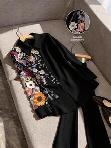 Camisa casual con botones, de manga larga, elegante y con bordados, en colores contrastantes, adecuada para citas y el Día de San Valentín, talla grande - Negro - Ver 3