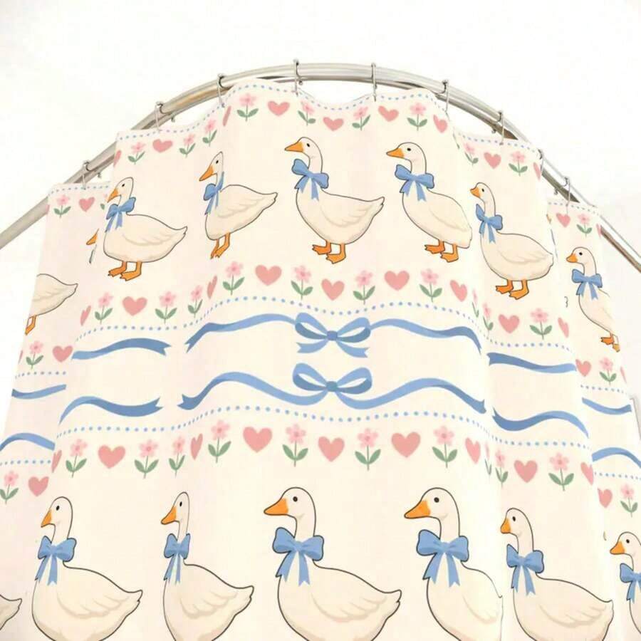 Coquette Goose Shower Curtain Unique Bathroom Decor Housewarming Apartment Blue Bow Softgirl Cottagecore Floral Flower Farm AnimalLight Weight Washable Waterproof Fabric With Hook - A - Xem 1