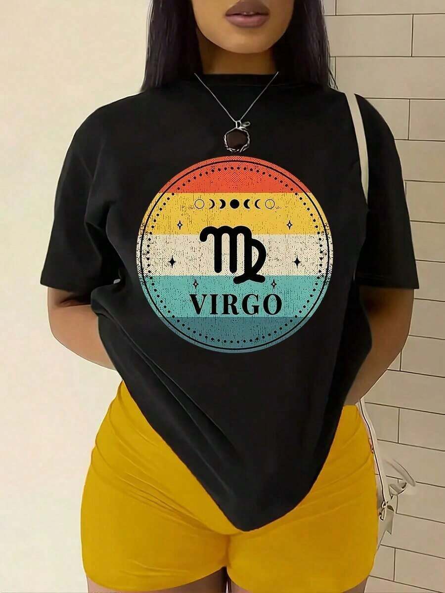 100% algodón puro, Camiseta de mujer, Camiseta gráfica de mujer - Diseño vintage de arcoíris con el signo zodiacal Virgo, Camiseta casual de cuello redondo, Ideal para fiestas y regalos, Adecuada para todas las estaciones, Tops de mujer - Negro - Ver 1