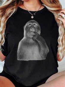Thinking Monkey Graphic T-Shirt, Funny Animal T-Shirt - Unisex Vintage Urban Style, Loose Fit Cotton Short Sleeve Crew Neck T-Shirt, Women's Blouses. Casual Blouses For Ladies. - 黑色 - 查看 7