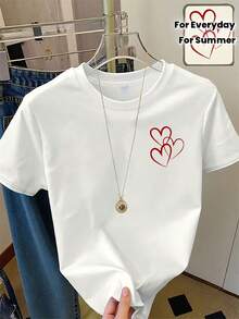 Camiseta de manga corta para mujer Y2K Pure Color, ideal para San Valentín y verano, cuello redondo transpirable, estilo casual ajustado, con diseño geométrico y múltiples estampados de corazones para uso diario - Top semitransparente con cuello redondo - Blanco - Ver 1