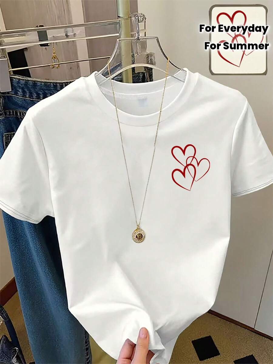 Camiseta de manga corta para mujer Y2K Pure Color, ideal para San Valentín y verano, cuello redondo transpirable, estilo casual ajustado, con diseño geométrico y múltiples estampados de corazones para uso diario - Top semitransparente con cuello redondo - Blanco - Ver 1