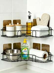 1pc Black Triangle No-Drill Storage Rack, Kitchen Organizer Rack, Self-Adhesive Corner Storage Rack, Multi-Purpose Self-Adhesive Wall-Mounted Corner Organizer Rack, Suitable For Bathroom, Kitchen, Cosmetics, Living Room, Etc. - Multicolor - View 7