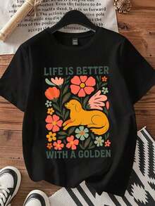 Camiseta de cuello redondo con estampado floral de "La vida es mejor con un perro dorado", ropa casual para mujer.blusa casual mujer - Negro - Ver 4