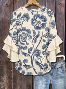 Bohemian Style Vintage Floral Print Blouse, Half-Open Collar Loose Flattering Multi-Layered Ruffle Sleeve Women Shirt Vacation - Blue - View 2