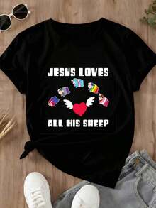 Camiseta con Diseño de Jesús Amando a Todas Sus Ovejas con Arcoíris y Corazón para Uso Casual y Deportivo - Estilo Urbano Vintage Unisex, Camiseta de Manga Corta de Algodón 100% con Cuello Redondo - Negro - Ver 3