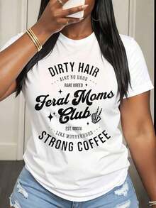 Camiseta de Mujer Fe-Ral Moms Club con Estampado de Cabello Sucio y Café Fuerte, Ropa Casual para Madres y Amantes del Café - Blanco - Ver 6