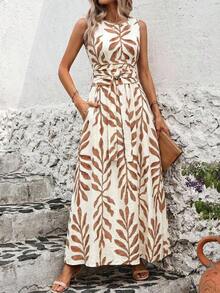 Vestido de verano sin mangas con cuello redondo, cintura ajustada y estampado todo sobre todo, para uso casual y vacaciones - Multicolor - Ver 6
