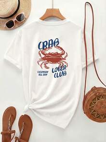 [Impresión a doble cara] Camiseta de mujer, top casual de manga corta y cuello redondo, con estampado de cangrejo rojo y texto azul "CRAB LOVER CLUB", tela transpirable y lavable a máquina, - Blanco - Ver 2