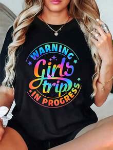 Camisetas Gráficas de Cuello Redondo Oversize para Mujer, Camiseta 100% Algodón, Camisetas Casuales con Estampado 'Warning Girls Trip In Progress', To - Negro - Ver 1