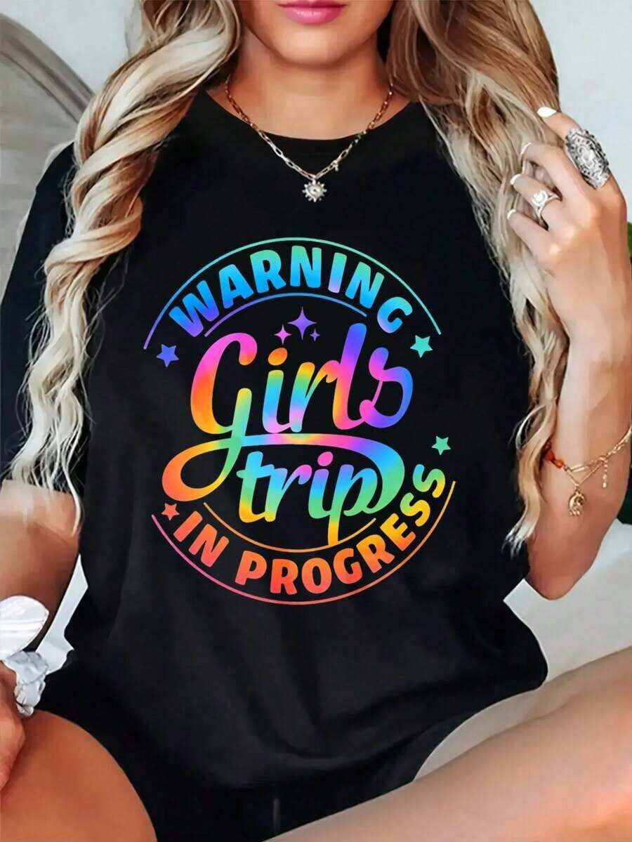Camisetas Gráficas de Cuello Redondo Oversize para Mujer, Camiseta 100% Algodón, Camisetas Casuales con Estampado 'Warning Girls Trip In Progress', To - Negro - Ver 1