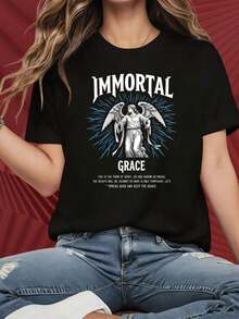 Camiseta de Algodón Estilo Vintage con Estampado de Slogan de Lisboa, Diseño de Ángel de Gracia Inmortal, Mensaje de Alegría Espiritual y Crecimiento, Camiseta Negra de Cuello Redondo para Mujeres y Hombres. Estampados Divertidos Ideales para Reuniones Familiares, Fiestas de Navidad, Actividades Deportivas, Fiestas de Vacaciones, Salidas, Deportes y Otros Regalos Festivos (220g). para el Verano Diario - Negro - Ver 5