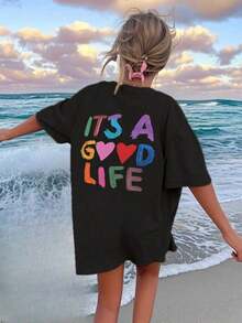 Women's Short-Sleeved T-Shirt With A Round Neck And Colorful Slogan Print, A New Summer Style Suitable For Everyday Wear. Vacation Graphic T-Shirt For Women, White Top For Women - 黑色 - 查看 3