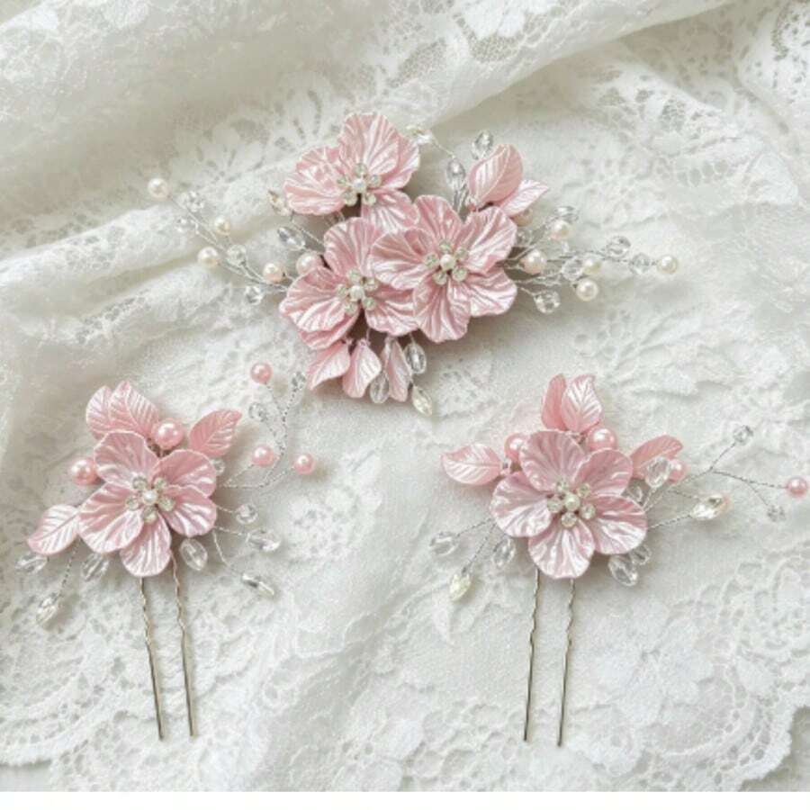 3pcs Light Pink Flower & Faux Pearl Handmade Hair Combs For Women,Festival,Birthday - Multicolor - View 1