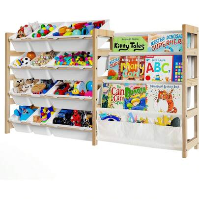 4 Tier Toy Storage Box With 12 Storage Bins, Large Capacity Wooden Frame Storage Cabinet, 2-In-1 Receipt Organizer & Bookshelf, For Plush Toys, Building Blocks, Storybooks, Files, Magazines, Bookshelf Organizer For Playroom, Nursery, Living Room, Bedroom, Sturdy & Durable, Halloween Gift, Christmas Gift For Kids