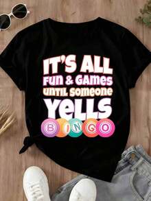 Camiseta Casual para Mujer con Estampado Gráfico de "Diversión y Juegos Hasta que Alguien Grita Bingo" para Atuendo de Noche de Juegos en Grupo - Negro - Ver 2