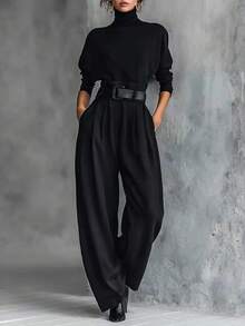 Conjunto de 2 piezas nuevo para mujer, más vendido, top de cuello alto y manga larga, pantalón de tiro alto y pierna ancha, incluye cinturón, diseño favorecedor, elegante, perfecto para looks de día, oficina, citas y uso diario - Negro (con cinturón) - Ver 2