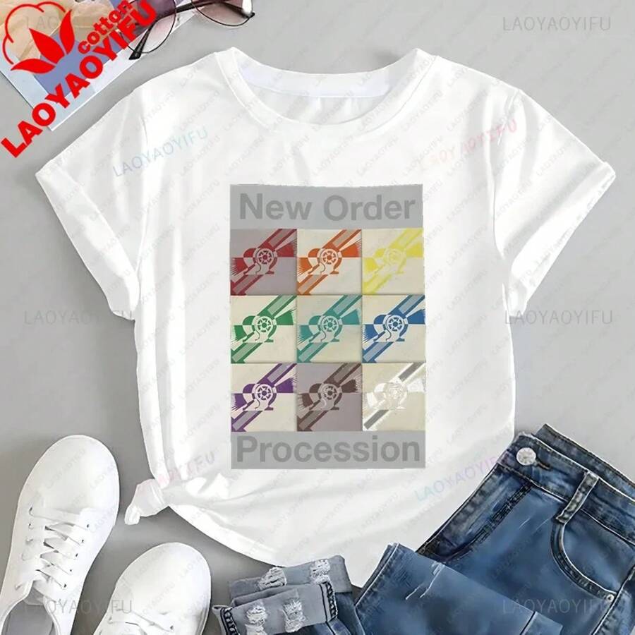 Unisex Short-Sleeved Cotton T-Shirt, Casual Style, With A Print Of The Band New Order From The 80s, Retro Streetwear Style, Plus Size. - 白色 - 查看 1
