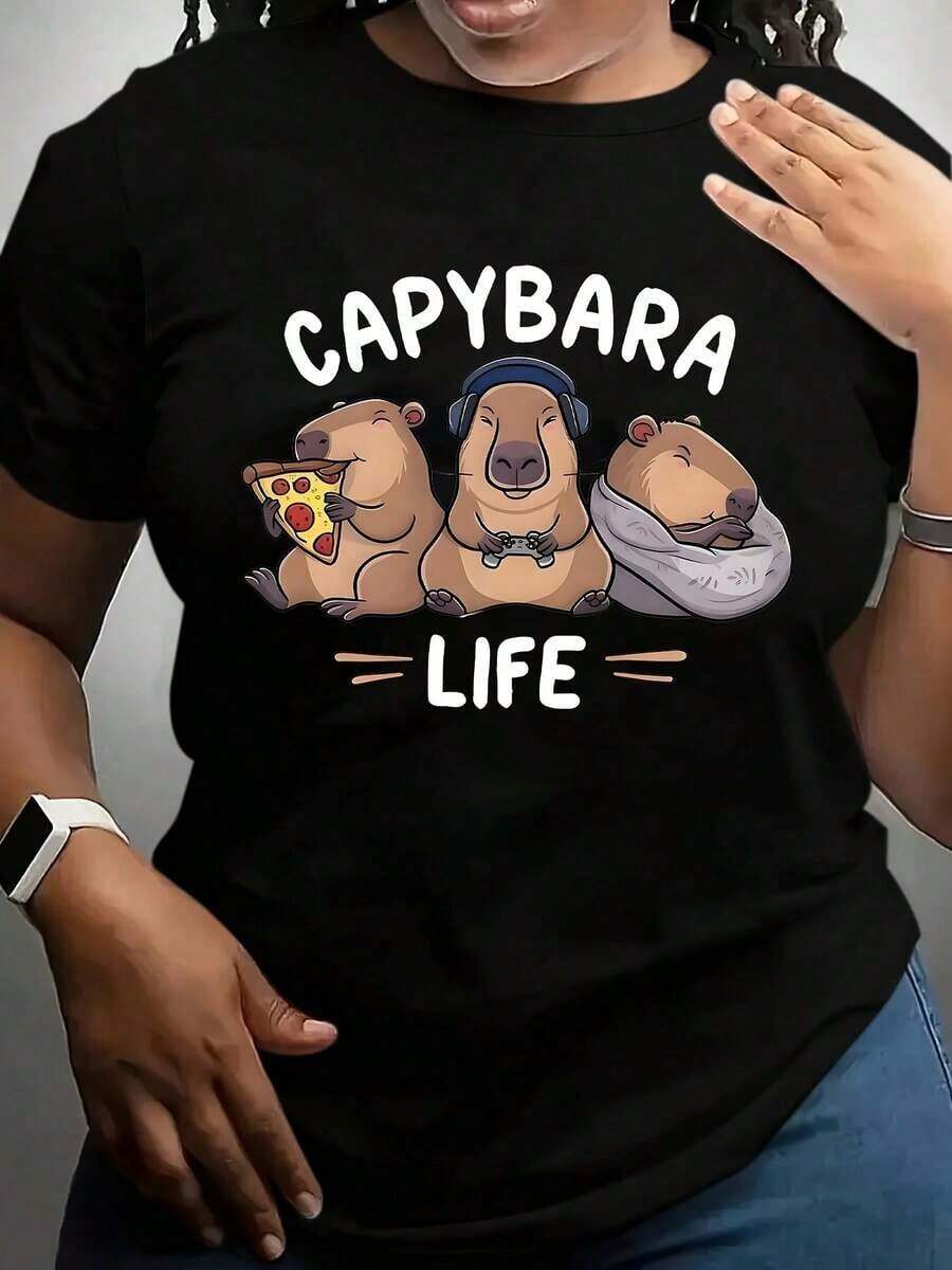 100% Cotton, Women's T-Shirt, Plus Size With Graphic Print Of A Capybara Eating Pizza, Playing Or Sleeping, Casual Clothing For Women, Men, Unisex, Urban Style, Fashion Top. - 黑色 - 查看 1