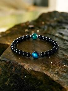 Vòng tay bảo vệ bằng đá mắt hổ xanh tự nhiên 8mm và đá tourmaline đen 6mm - Biểu tượng của lòng can đảm, sự tự tin, lạc quan, chữa lành, yoga, thiền định, trang sức tâm linh, quà tặng cho phụ nữ và nam giới. - màu đen - Xem 8