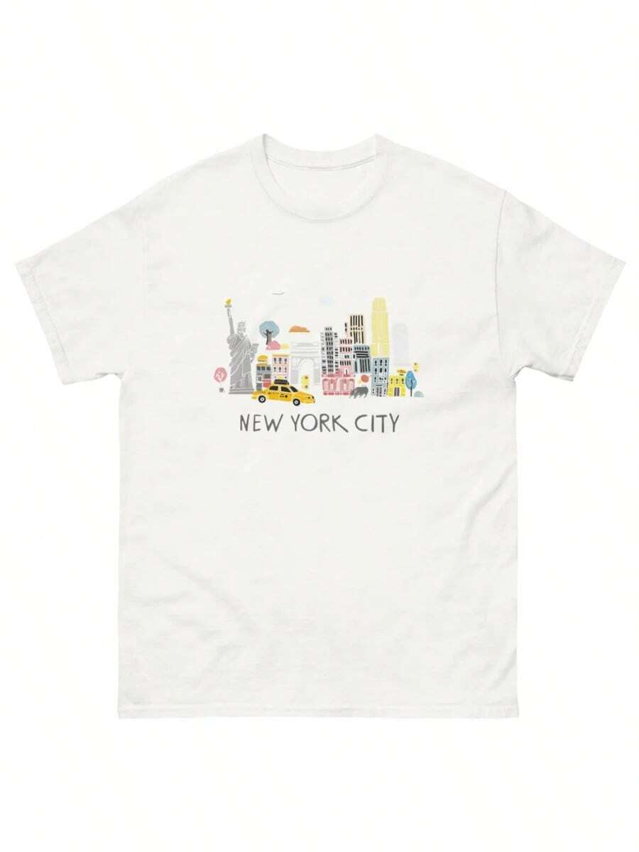 Escena Urbana De Nueva York Con Taxi Amarillo Estatua De La Libertad Y Edificios Emblemáticos Camiseta De Mujer Con Diseño Casual Y Moderno Que Captura La Esencia De La Gran Manzana-Vintage Street Style Unisexoose Cotton Short Sleeve Crew Neck T-Shirt - Blanco - Ver 1