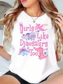 CHICLY19 Camiseta con Gráfico de Dinosaurio para Mujer, "A las Chicas También les Gustan los Dinosaurios", Estampado de Corazón y Corona de Dinosaurio en Tonos Pastel, Cuello Redondo, Corte Holgado y Relajado, Suave y Transpirable de Algodón, Estilo Kawaii para Uso Diario y Salidas Casuales. Adecuado como regalo.playera de mujer.blusas>elegante.boho chic,Top de mujer suave, transpirable y cómodo, ideal para primavera, verano y otoño, perfecto para vacaciones, viajes y uso diario. - Blanco - Ver 7