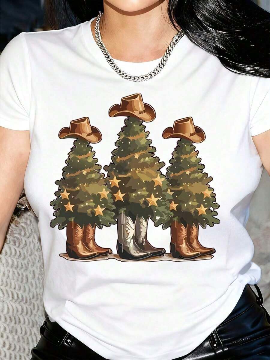 Botas de vaquera estilo western para mujer y camiseta con estampado de árbol de Navidad - Camiseta de verano de manga corta y cuello redondo con diseño de sombrero de vaquera y herradura, camiseta casual de corte ajustado para festivales de música country, fiestas en el rancho (amarilla) - Camisetas lavables a máquina para primavera y Navidad para mujer, camisetas navideñas divertidas para mujer, camisetas navideñas graciosas para mujer, camisetas navideñas, camiseta navideña divertida para mujer, camiseta navideña para mujer, top navideño, camisetas navideñas más probables para mujer. - Blanco - Ver 1