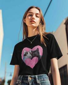 Camisetas de Mujer, Camiseta de Algodón con Estampado de Corazón, Pareja de Gatos, Animal Bonito, Cuello Redondo, Manga Corta, Estilo Casual, Holgada, Color Negro, Talla M - Negro - Ver 5