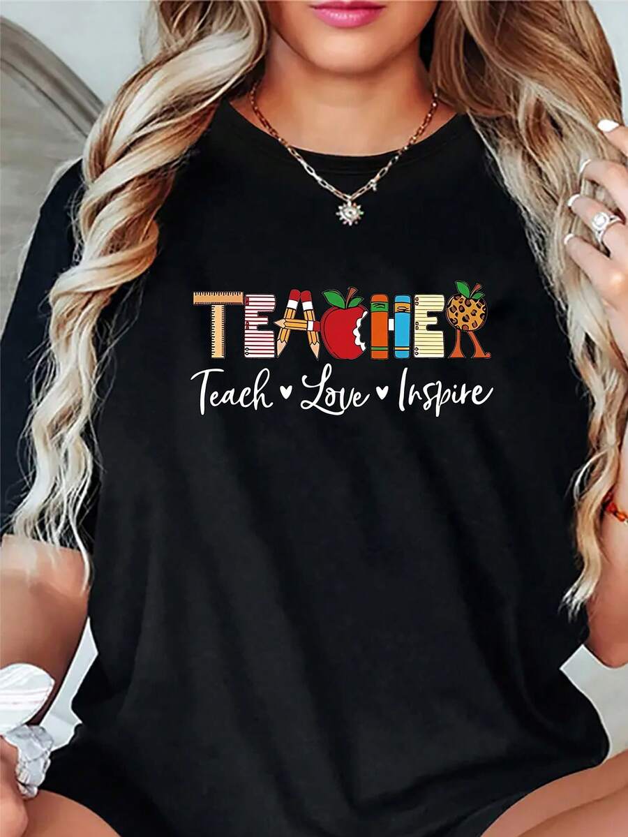 Diseño Sencillo y Versátil: Nueva Camiseta de Moda para Mujer con Estampado de Letras, Cuello Redondo, Estilo Casual Deportivo, Cómoda para las Cuatro Estaciones, Sencilla y Versátil, Estilizada, con Estampado a Color, de Algodón. - Negro - Ver 1
