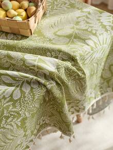 1pc Green Plant Pattern Tablecloth - Green Plant Pattern, Tassel Trim, Rectangular Design. Suitable For Spring/Summer Home Renovation, Easter Party, Kitchen/Dining Room Decor And Family Casual Meals. Outdoor Movie Night, Indoor Table Decor, Party Tablecloth Setup, Patio Leisure, Garden Party, Holiday Dinner And Casual Activities - Green B - View 6