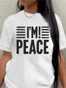 Polyester Short-Sleeved T-Shirt With "I'M PEA" Print, Casual, Lightweight And Durable T-Shirt, Suitable For Daily Outings, Home Or Dinners, White Print Design, Comfortable To Wear, Casual Blouse For Women. - 白色 - 查看 7