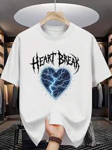 Men's T-Shirt, Men's Casual Summer Crew Neck T-Shirt, Slightly Stretchy Knit Fabric, Regular Fit, Broken Heart Print, Short Sleeve T-Shirt. - 白色 - 查看 6