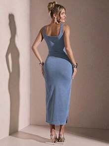 Vestido casual de verano de mezclilla sin mangas y ajustado para mujer - Lavado ligero - Ver 6