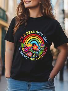 Camiseta casual para mujer - Cuello redondo, mangas cortas, con estampados de arcoíris brillantes y flores, diseño "Smash the ", top negro para uso diario, ajuste cómodo adecuado para verano u otoño. - Negro - Ver 1