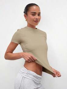Camiseta de tacto suave, armario cápsula casual, uso diario, aeropuerto, vacaciones, vuelta al colegio, elegante, primavera, verano - Marrón Mocha - Ver 2