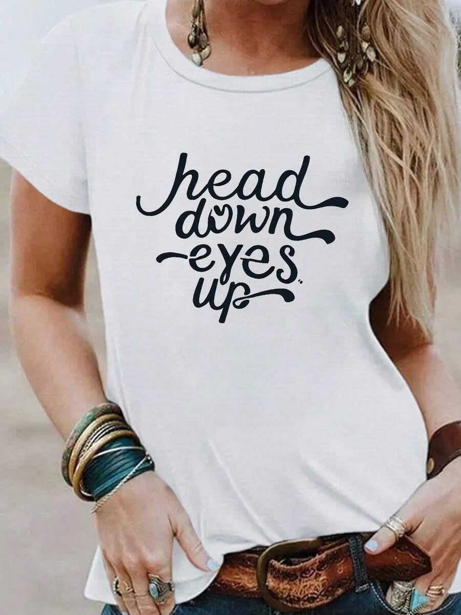 Camisetas de moda de algodón de talla grande para mujer 2026, camiseta casual de manga corta con cuello redondo para mujer, tejido de punto 100% poliéster, longitud regular, patrón geométrico, diseño gráfico "Head Eyes Up", fuente audaz y divertida, ligera y suave, lavable a máquina, adecuada para todas las estaciones, ideal para uso diario casual, camiseta de mujer cómoda, suave, sencilla para uso diario, top de manga corta. - Blanco - Ver 1