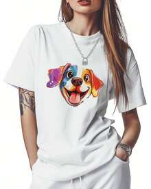 Camisetas para Mujer de Manga Corta, Cuello Redondo de Algodón, Camisetas con Estampado de Perro Colorido, Camisetas Básicas Casuales, Tallas XS-5XL, Blanco XXL - Blanco - Ver 7